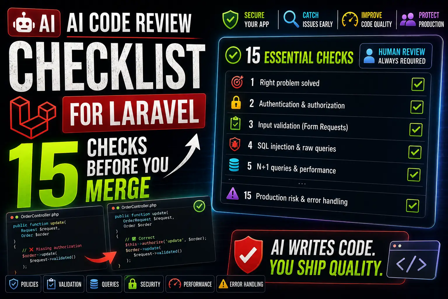 AI Code Review Checklist for Laravel: 15 Checks Before You Merge